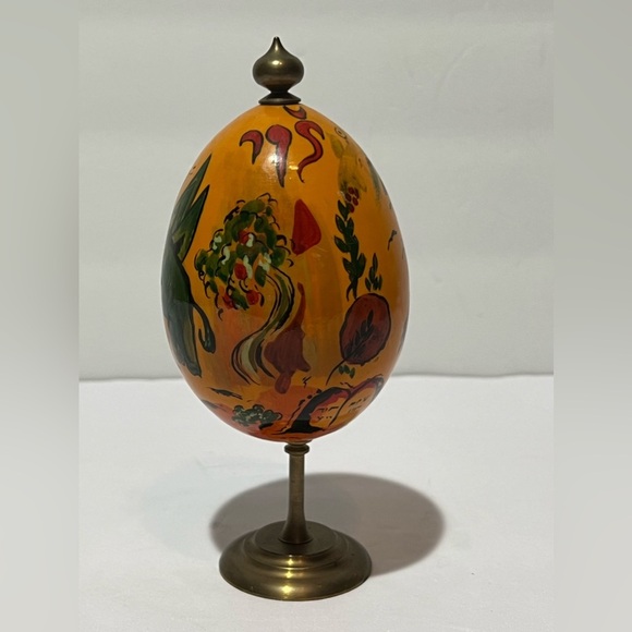 VTG Russian Lacquer Wood Egg Oil Painted Baby Dragon Birds Candles HTF Easter - Picture 6 of 11